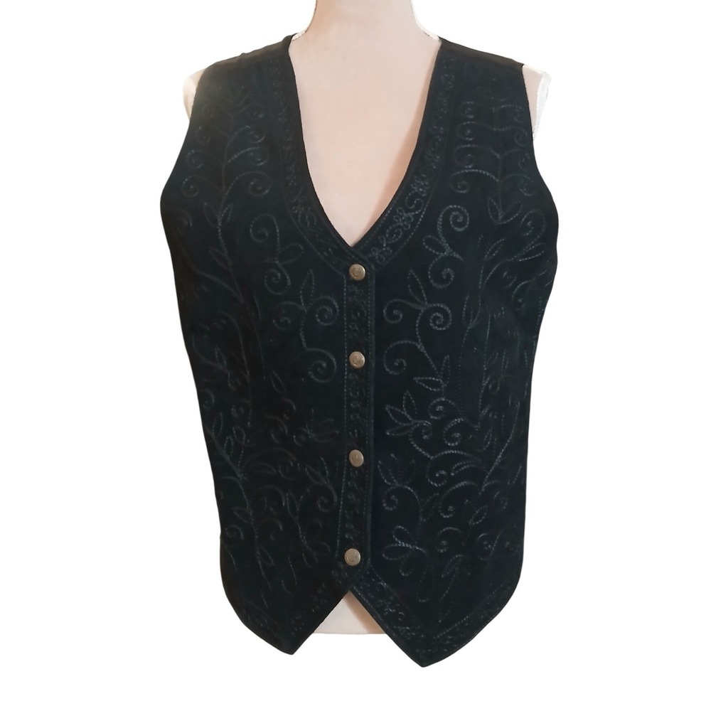 Vtg Sun River Clothing Black Leather Embroidered Snap Front Vest Womens Medium